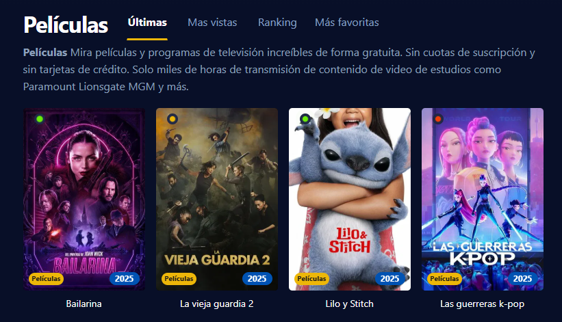 Captura de pantalla de la interfaz de usuario de StreamM4U mostrando películas y series en alta definición y sin necesidad de registro